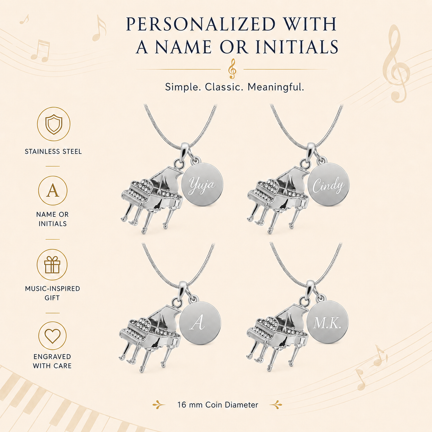 Personalized Piano Pendant & Engraved Charm Necklace