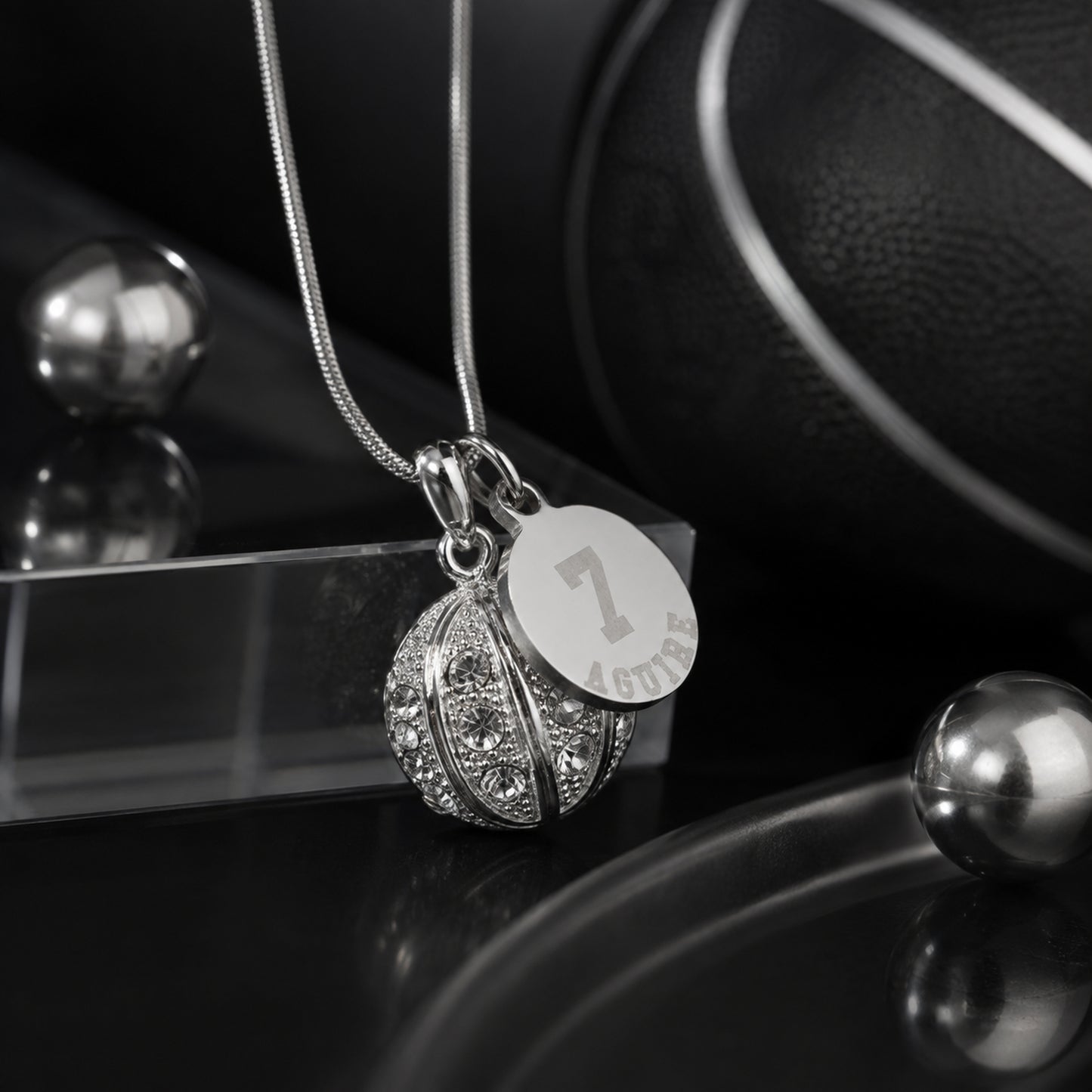 Personalized Rhinestone Basketball Necklace with Coin Charm