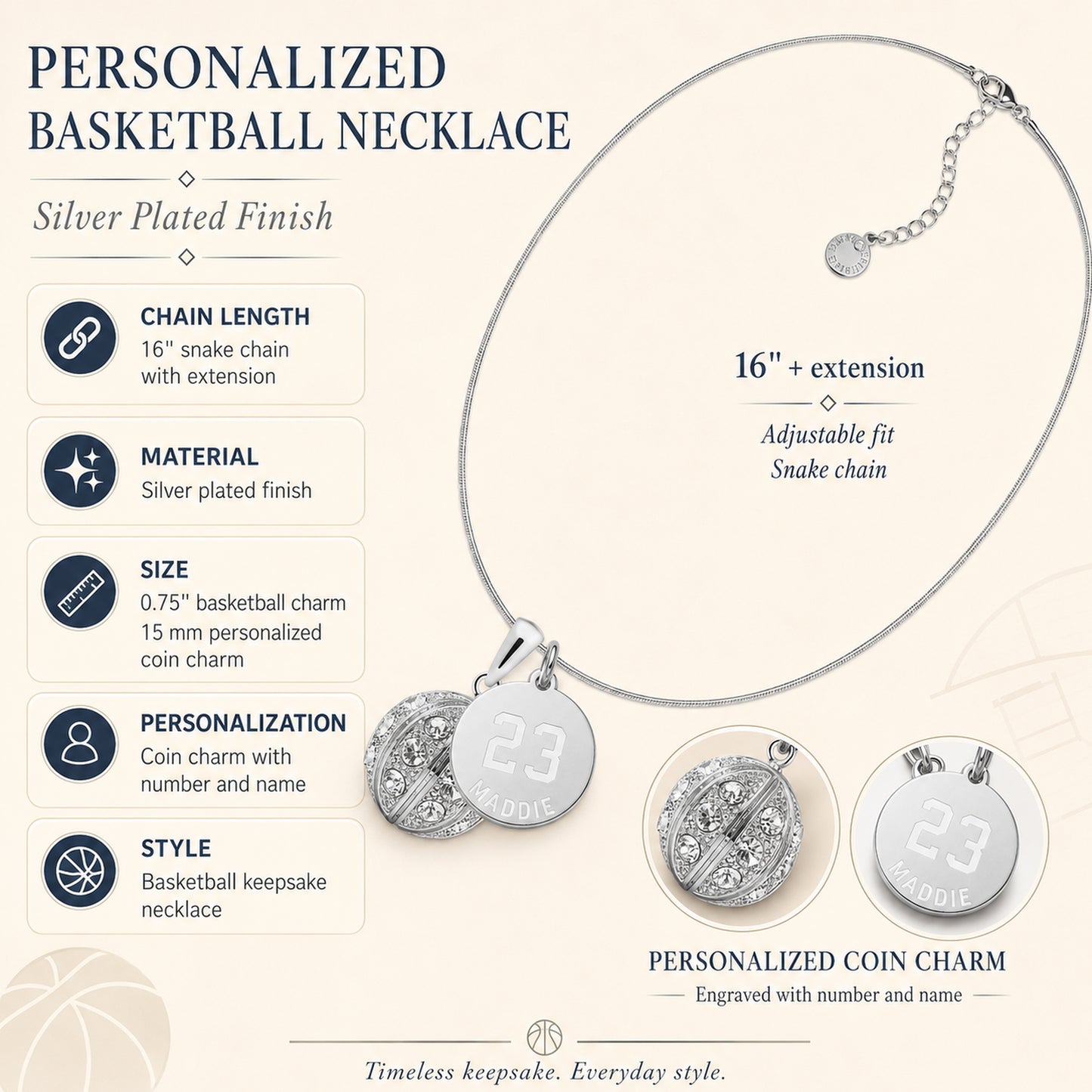 Personalized Rhinestone Basketball Necklace with Coin Charm