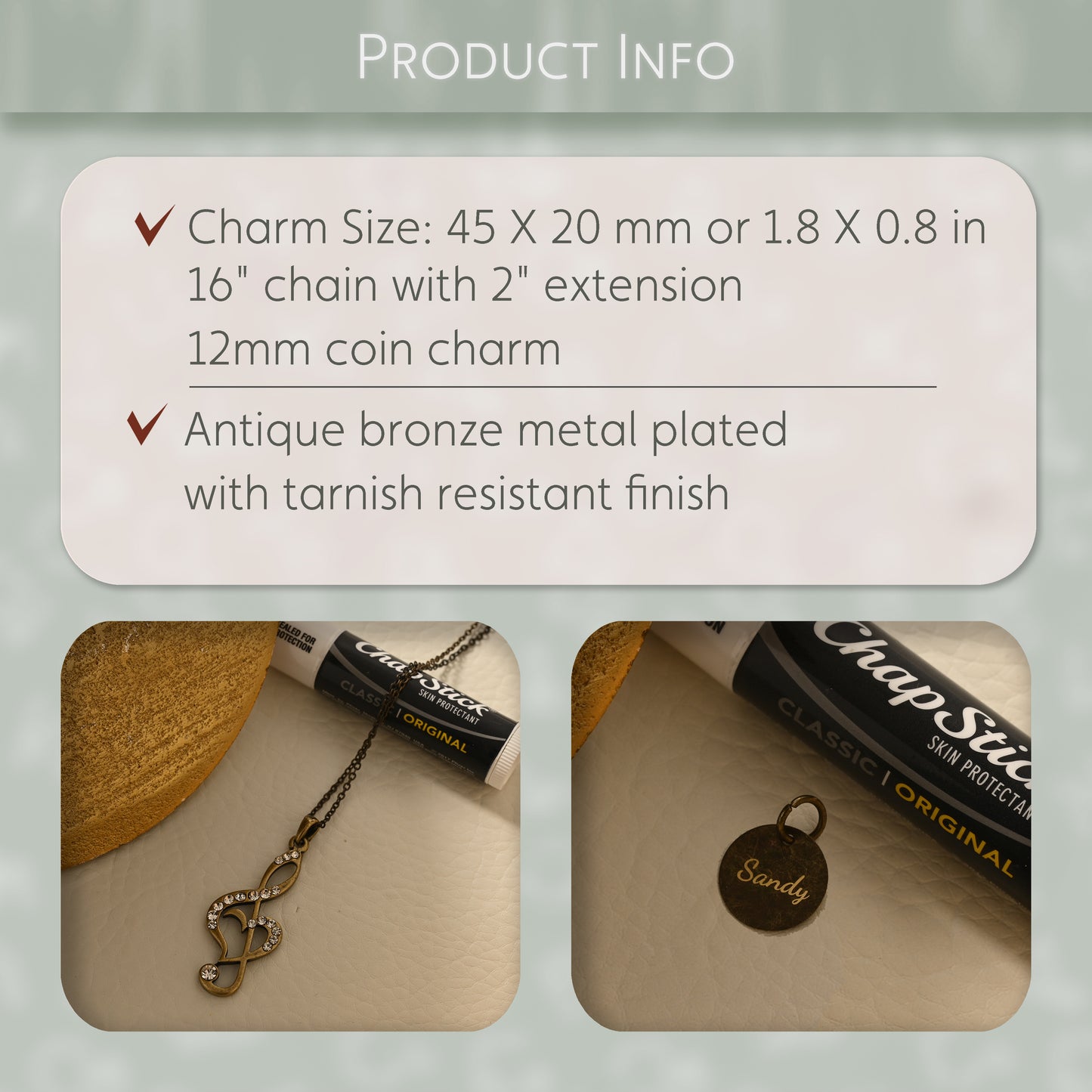 Antique Bronze Treble Clef Necklace with Engraved Coin