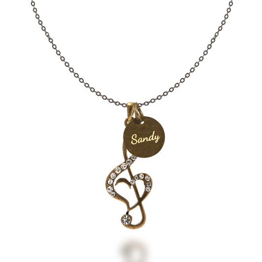 Antique Bronze Treble Clef Necklace with Engraved Coin