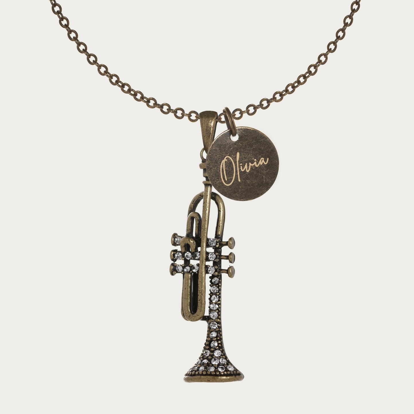 Antique Bronze Rhinestone Trumpet Necklace with Engraved Coin