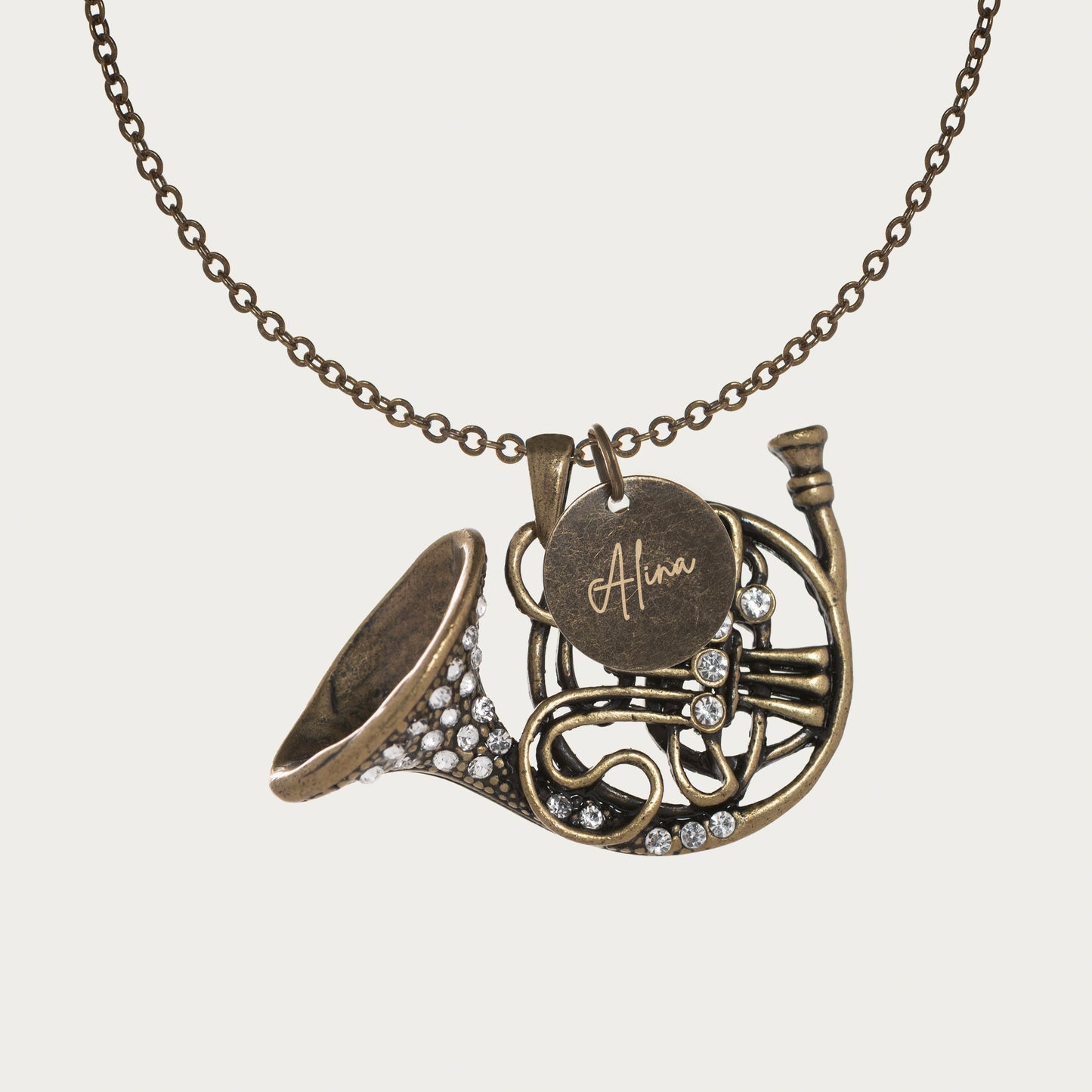 Antique Bronze French Horn Necklace with Engraved Coin