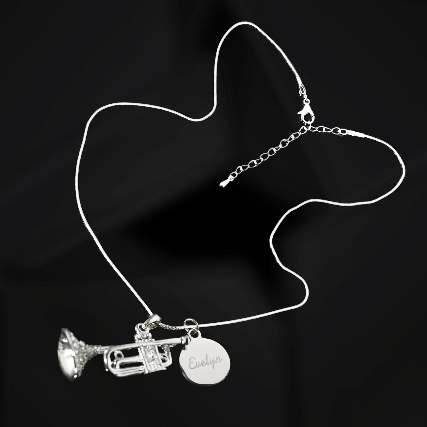 Personalized Rhinestone Trumpet Pendant & Engraved Charm Necklace