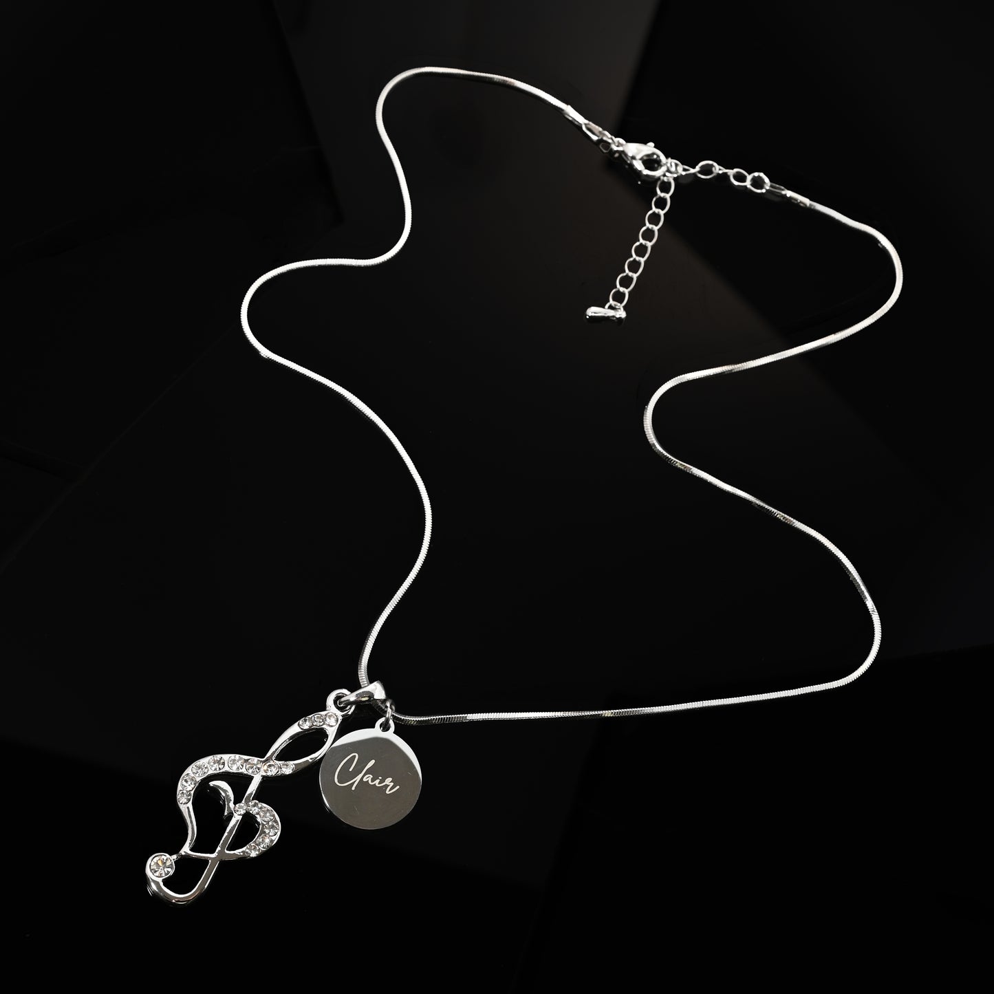 Personalized Rhinestone Music Note Clef Pendant & Engraved Charm Necklace
