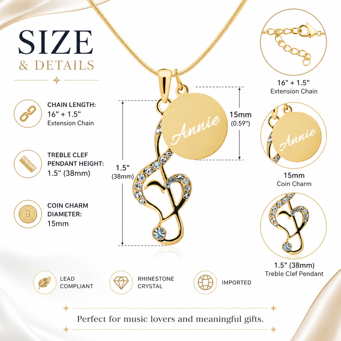 Personalized Rhinestone Music Note Clef Pendant & Engraved Charm Necklace