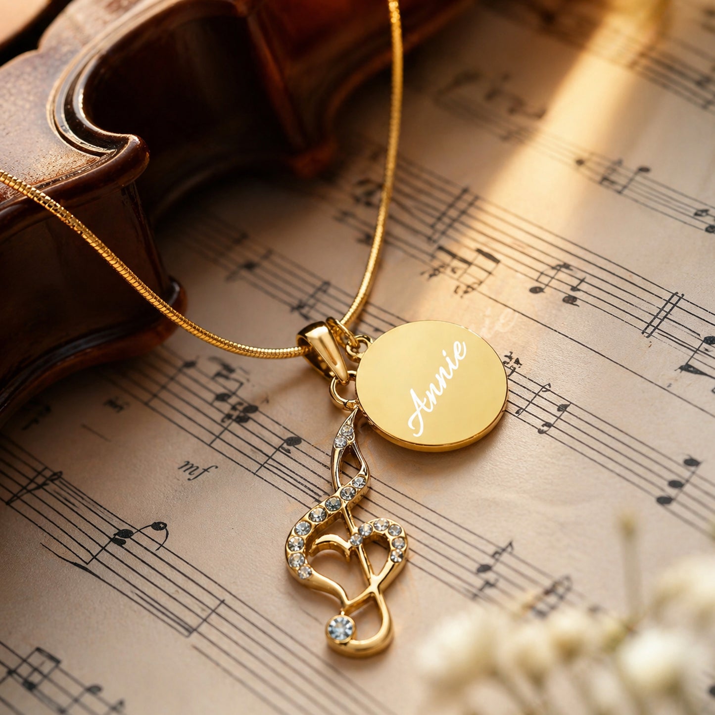 Personalized Rhinestone Music Note Clef Pendant & Engraved Charm Necklace