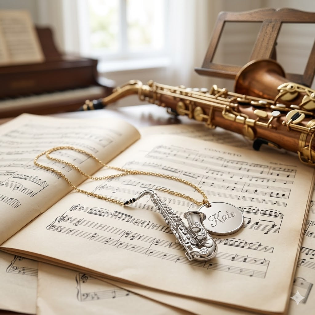 Personalized Saxophone Pendant & Engraved Charm Necklace
