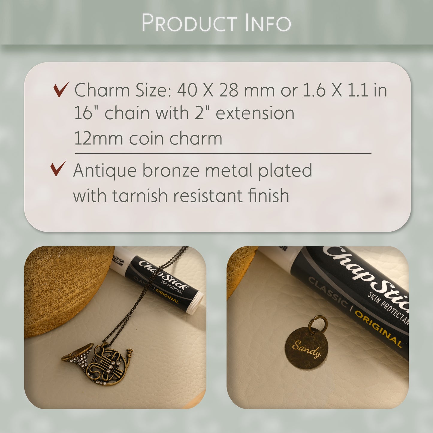 Antique Bronze French Horn Necklace with Engraved Coin